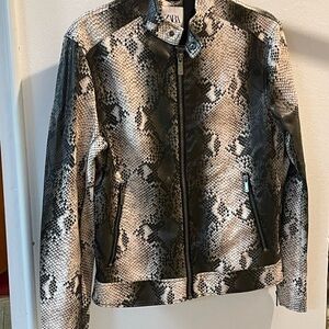 Zara Women's Leather Snake Print Jacket - Black and Cream